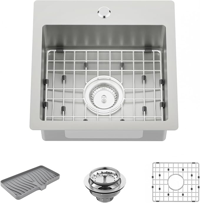 15x15 Inch Stainless Steel Small Kitchen Sink-5.5 Inch Low Height Design Single Bowl Drop In Topmount Small Kitchen And Bar Sink Ensure Individuals With Limited Mobility Easily Accessing And Using