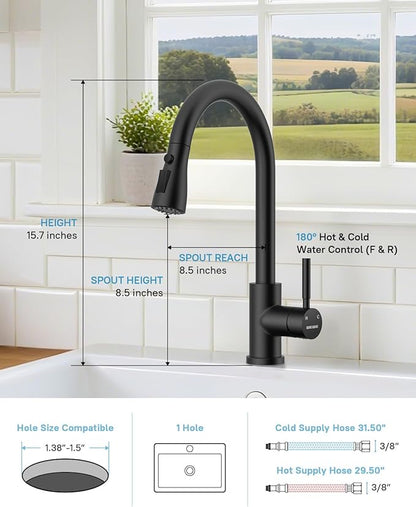 WEWE Kitchen Faucet with Pull Down Sprayer and Soap Dispenser, Matte Black High Arc Single Handle Stainless Steel Sink Faucet, Suitable for Farmhouse, RV & Laundry