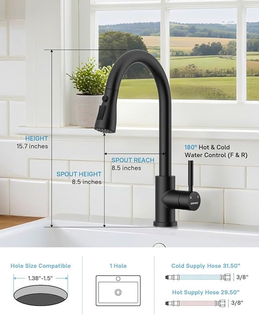 WEWE Kitchen Faucet with Pull Down Sprayer and Soap Dispenser, Matte Black High Arc Single Handle Stainless Steel Sink Faucet, Suitable for Farmhouse, RV & Laundry