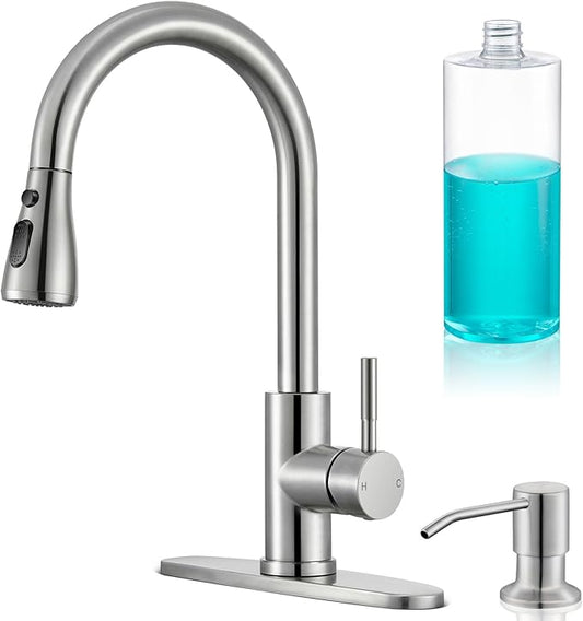 Kitchen Faucets with Soap Dispenser, Brushed Nickel High Arc Single Handle Stainless Steel Sink Faucet for 1 or 3 Hole, Ideal for Farmhouse RV Laundry Bar Camper & Commercial