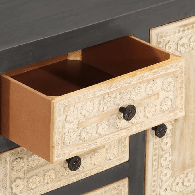 Modern Grey and White Sideboard, Solid Mango Wood, 29.5" Rectangular Buffet Cabinet with Soft-Close Drawers, Ample Storage for Dining Room, Living Room Furniture Kitchen Furnitur