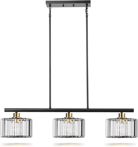 TALOYA Pendant Lights Kitchen Island Black and Gold, 3-Light Crystal Pendant Light Modern, Height Adjustable Chandelier Hanging Island Light Fixtures for Kitchen Dinning Room(Bulb Not Included)