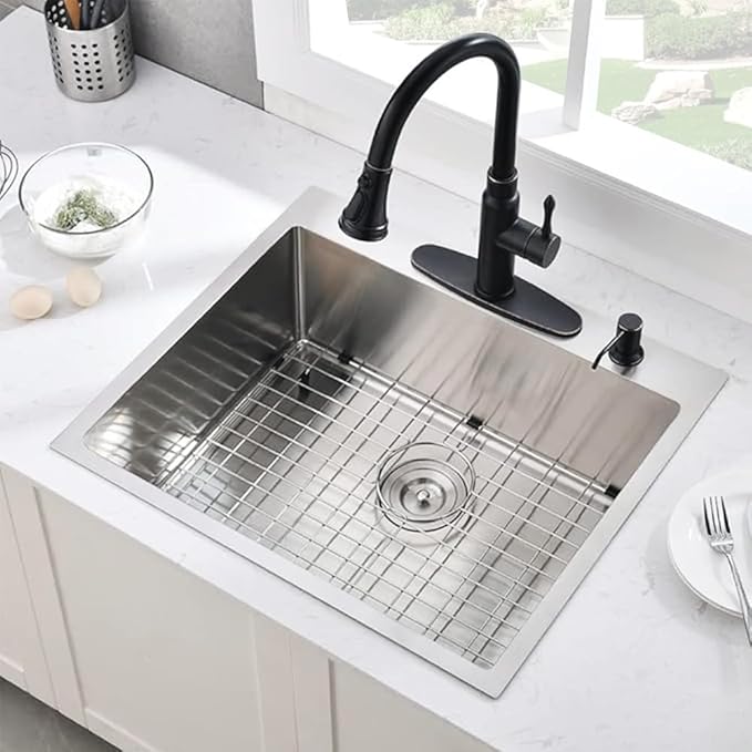 25 x 22 Inch Drop in Kitchen Sink 16 Gauge Stainless Steel Kitchen Sink 2-Holes 10 inch Single Bowl