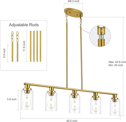 Kitchen Island Lighting, 5-Light Modern Dining Room Light Fixtures Over Table,Farmhouse Gold Linear Chandeliers for Dining Room, Industrial Pendant Lights Fixture with Clear Glass Shade