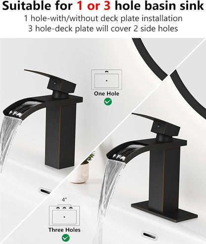 Waterfall Bathroom Faucet 1 Hole, Single Hole Bathroom Faucet, Single Handle Vanity Sink Faucet with Deck Plate, Pop-up Drain & Supply Lines, Oil Rubbed Bronze