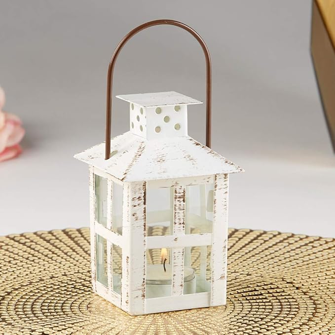 Kate Aspen Decorative Lanterns - Set of 12 - Distressed Metal Vintage Mini Lanterns, Centerpiece for Table, Accent Piece and Home Decor, Favors for Wedding and Baby Showers (White)