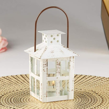 Kate Aspen Decorative Lanterns - Set of 12 - Distressed Metal Vintage Mini Lanterns, Centerpiece for Table, Accent Piece and Home Decor, Favors for Wedding and Baby Showers (White)