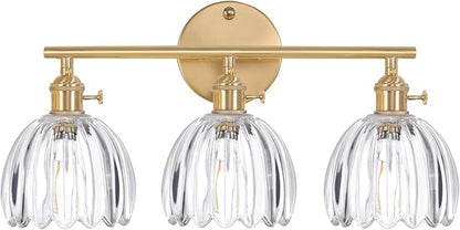 Shenmoyl Bathroom Light Fixtures, 3-Light Brass Vanity wall Light Over Mirror with Clear Tulip Glass Shade for Bedroom Living Room (Bulb Not Included)