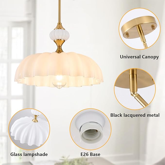 White Floral Chandelier Pendant Light, 15.7" Adjustable Farmhouse Kitchen Island Lighting, Vintage Glass Flower Ceiling Fixture for Dining Room, Bedroom, Hallway