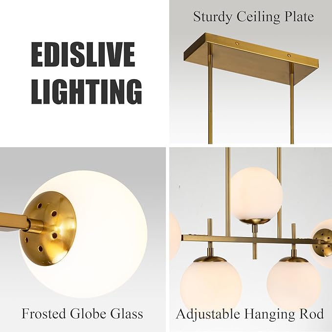 EDISLIVE Modern Milk Globe Chandelier 5-Light Glass Globe Pendant Light Fixture 39.4in E26 Linear Hanging Lighting for Kitchen Island Dinning Room Living Room Gold