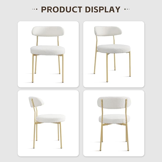 White Boucle Dining Chair Set of 4, Modern Oval Upholstered Dining Chairs with Curved Back and Metal Leg for Dining Room,Restaurant,Kitchen Island(Gold Leg)