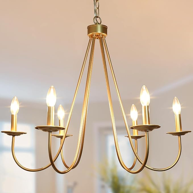 KSANA Modern Gold Chandelier, 6-Light Chandelier Light Fixture, 28’’ Large Hanging Pendant Light for Dining Room, Living Room & Kitchen Island, Soft Gold Finish