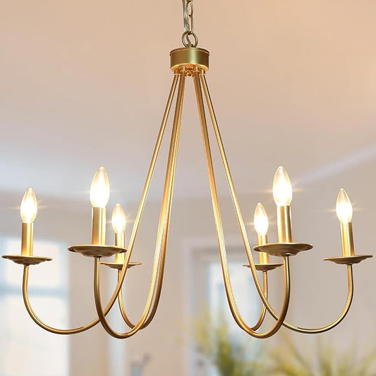 KSANA Modern Gold Chandelier, 6-Light Chandelier Light Fixture, 28’’ Large Hanging Pendant Light for Dining Room, Living Room & Kitchen Island, Soft Gold Finish