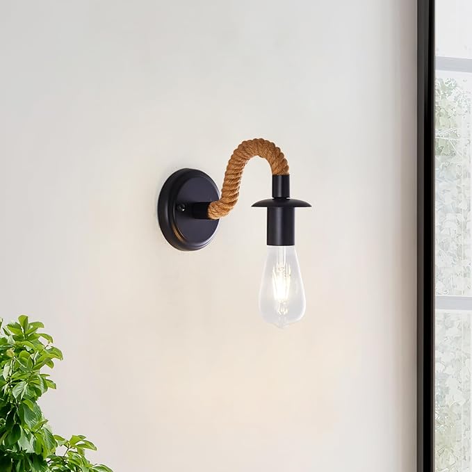 KUAUGST Black Rustic Wall Sconces, Retro Industrial Wall Lamps, Hemp Rope Wall Lamp, E26 Lamp Holder, Suitable for Bedroom Living Room Corridor Kitchen (Bulb not Included)