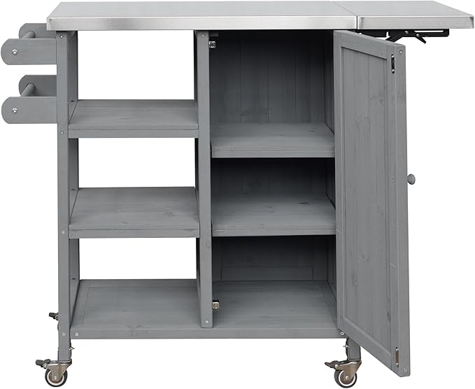 JIJIWANG 33.4" Foldable Outdoor Kitchen Island Patio Kitchen Island Outdoor Kitchen Cart Portable Prep Station with Lockable Wheels, Storage Cabinet and Towel Rack for Patio and Outdoor Grey