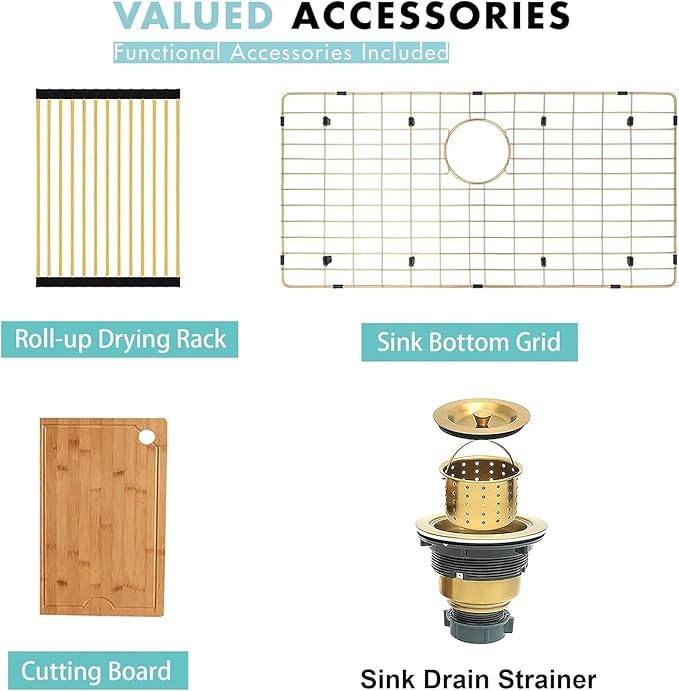 Gold Farmhouse Kitchen Sink, 16 Gauge SUS304 Stainless Steel Farm Sinks, All In One Workstation Sink with Ledge & Accessories, 33" x 20" x 10" Large and Deep Gold Undermount Kitchen Sink