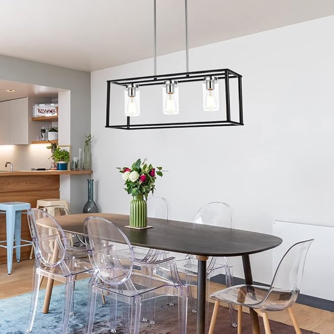 VINLUZ 3 Light Black and Chrome Finish Kitchen Island Light,Adjustable Hanging Pendant Lighting with Clear Glass Shades Rectangular Dining Room Chandeliers Adjustable Height