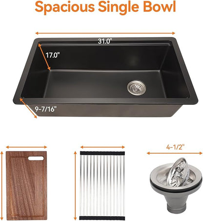33 Inch Granite Undermount Kitchen Sink, TECASA Utility Composite Single Bowl Kitchen Sink with Workstation and Accessories, Black (33 × 18 Inch)