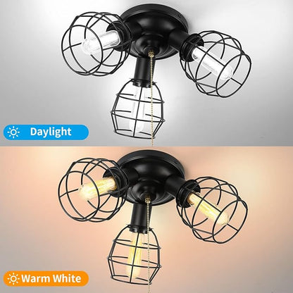 EVAHOM Pull Chain Light Fixture, 3 Light Semi Flush Mount Ceiling Fixture, Vintage Pendant Light Fixture for Porch/Hallway/Kitchen/Bedroom, Bulb Not Included