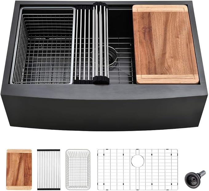 33 Inch Black Farmhouse Sink Workstation-VASOYO 33x22 Farm Sink Black Stainless Steel Apron Front Farmhouse Kitchen Sinks Undermount 16 Gauge Single Bowl Deep Kitchen Sinks with Cutting Board