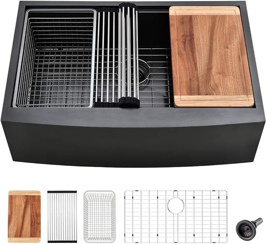 33 Inch Black Farmhouse Sink Workstation-VASOYO 33x22 Farm Sink Black Stainless Steel Apron Front Farmhouse Kitchen Sinks Undermount 16 Gauge Single Bowl Deep Kitchen Sinks with Cutting Board