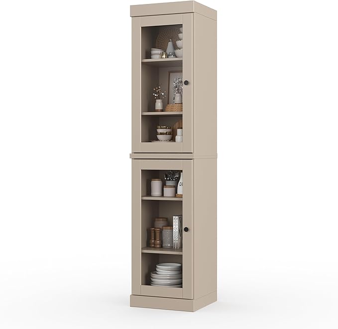 Palace Imports Solid Wood Kitchen Pantry Cabinet w/Glass Doors - Narrow Storage Cabinet - 16.5" Wide x 71.5" Tall - Beige, Adjustable Shelves, 100% Eco-Friendly Wood, Modular Cabinets