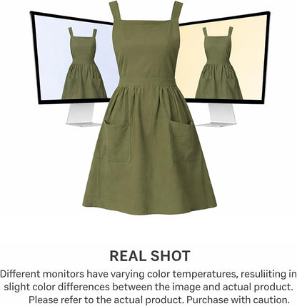 Pinknoke Cotton Linen Pinafore Apron Dress for Women with Pockets Cute Art Chef Aprons for Kitchen Baking Gardening Painting