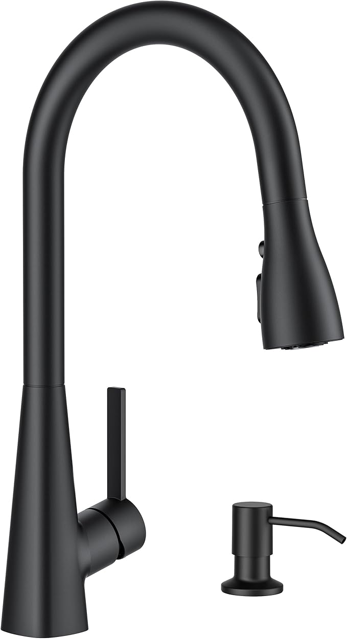 FORIOUS Black Kitchen Faucet with Soap Dispenser, Pull Down Sprayer, Modern High Arc Stainless Steel Faucet for Kitchen Sink, Single Handle for 1 or 3 Hole Decks for RV Bar Farmhouse Laundry Camper