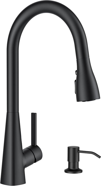 FORIOUS Black Kitchen Faucet with Soap Dispenser, Pull Down Sprayer, Modern High Arc Stainless Steel Faucet for Kitchen Sink, Single Handle for 1 or 3 Hole Decks for RV Bar Farmhouse Laundry Camper