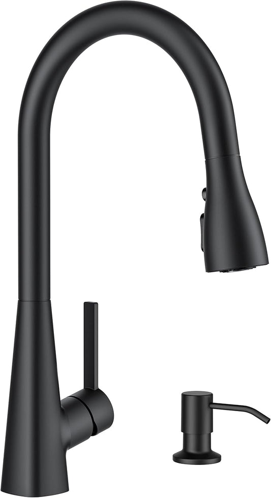 FORIOUS Black Kitchen Faucet with Soap Dispenser, Pull Down Sprayer, Modern High Arc Stainless Steel Faucet for Kitchen Sink, Single Handle for 1 or 3 Hole Decks for RV Bar Farmhouse Laundry Camper