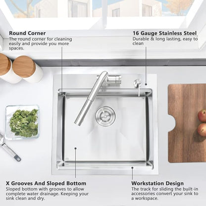 Bar Sink Drop In-VASOYO-18x18 Inch Small Kitchen Sink Drop In Rv Sinks 16 Gauge Stainless Steel Small Wet Bar Sinks Deep Single Bowl Outdoor Basin with Cutting Board