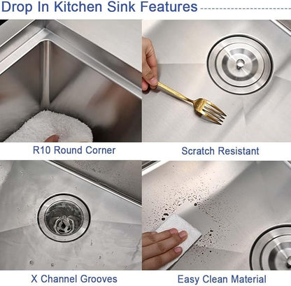 Stainless Steel Kitchen Sink with Cup Washer-Hovheir 31x20 Drop In Top Mount Kitchen Sink Workstation 16 Gauge Stainless Steel Single Bowl Deep Sinks Over Mount Sinks with Glass Rinser, Cutting board