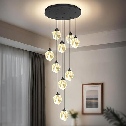 10-Lights Crystal Chandeliers for Living Room 120 inches Black Long Staircase Chandelier Foyer Entrance Crystal Ceiling Chandeliers LED Dimmable 3000-6000K