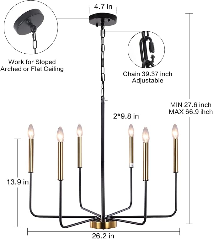 Modern Farmhouse Chandelier for Dining Room, 6 Lights Chandelier Light Fixture Adjustable Height, Black and Gold Hanging Candle Pendant Lighting for Kitchen Island Living Room Bedroom Foyer