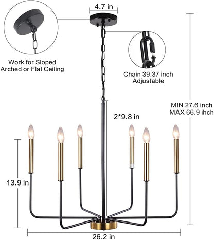Modern Farmhouse Chandelier for Dining Room, 6 Lights Chandelier Light Fixture Adjustable Height, Black and Gold Hanging Candle Pendant Lighting for Kitchen Island Living Room Bedroom Foyer
