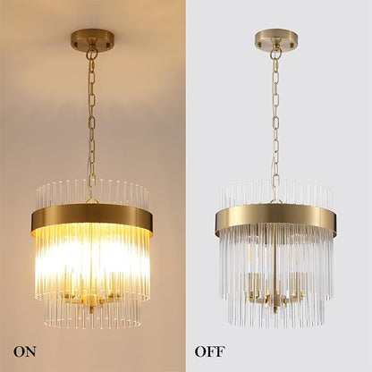 Dijiahua 3-Light Gold Pendant Lights Kitchen Island, 2-Tiers Crystal Pendant Light Fixtures Over Table, 12.6''Dia Brass Dining Room Glam Chandelier,Modern Adjustable Cord Hanging Lamp for Bedroom