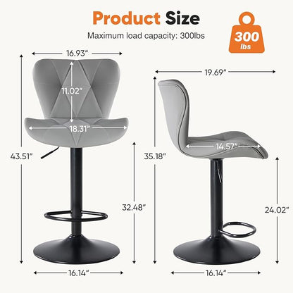 Sweetcrispy Modern Bar Stools Set of 4, Adjustable Faux Leather Upholstered Swivel Bar Stools, Counter Height Bar Chairs with Back for Kitchen Island, Grey