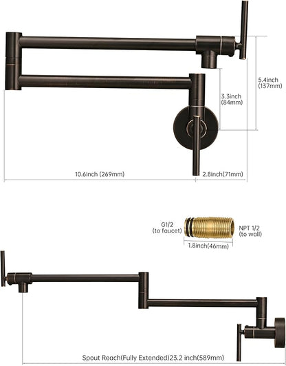 Fransiton Oil-Rubbed Bronze Pot Filler, Pot Filler Faucet Wall Mount, Brass Folding Stretchable with Double Joint Swing Arm Single Hole Two Handles Kitchen