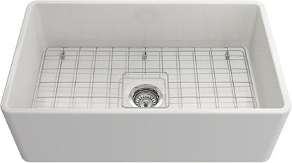 BOCCHI Classico White Apron Front Fireclay 30 in. Single Bowl Kitchen Sink with Protective Bottom Grid, Strainer, and Chrome Faucet