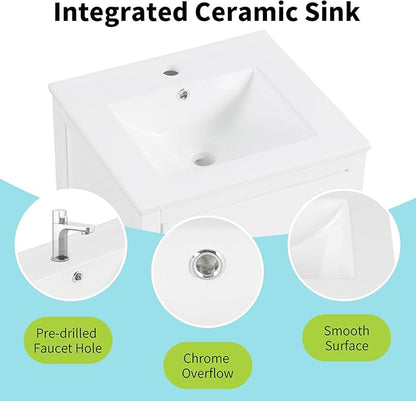 20" Bathroom Vanity with Ceramic Sink Top Set, Multi-Functional Storage Cabinet with Rack Organizer and Drawer, Soft-Closing Door, Solid Wood Frame, White