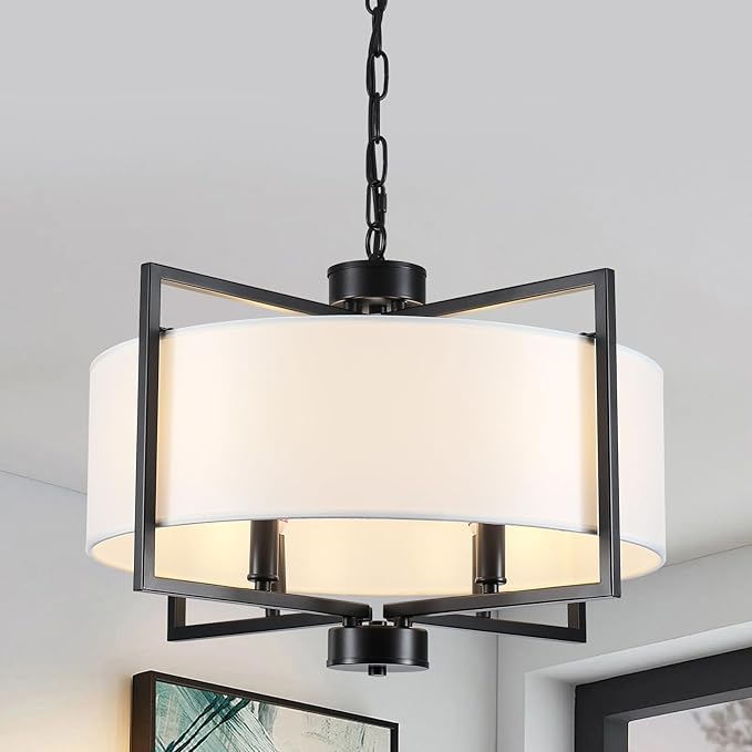 19.7" Drum Pendant Light Fixture, 4 Light Drum Chandelier with Wihte Fabric Lampshade, Farmhouse Kitchen Island Chandeliers over Table Black Hanging Lights Fixture for Dining Room Bedroom Living Room