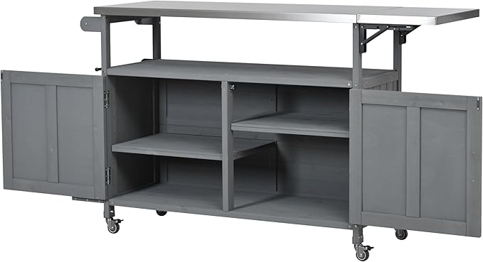 JIJIWANG 60.6" Mobile Kitchen Storage Island with Storage Cabinet and Towel Rack, Foldable Outdoor Kitchen Island with Stainless Steel Top and Lockable Wheels for Patio and Outdoor Grey