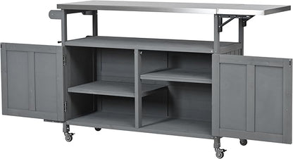 JIJIWANG 60.6" Mobile Kitchen Storage Island with Storage Cabinet and Towel Rack, Foldable Outdoor Kitchen Island with Stainless Steel Top and Lockable Wheels for Patio and Outdoor Grey