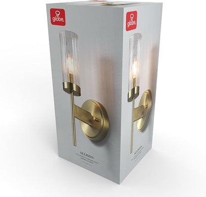 Globe Electric 1-Light Wall Sconce, Matte Brass, Ribbed Clear Glass Shade, E12 Candelabra, Dimmable, 65000103