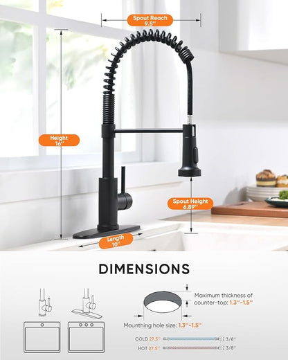 OWOFAN Black Kitchen Faucet with Pull Out Sprayer Stainless Steel Single Handle Spring Sink Faucets 1 Hole Or 3 Hole Dual Function for Farmhouse Camper Laundry Utility Rv Wet Bar