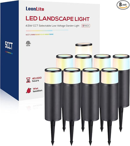LEONLITE 8-Pack 4.5W LED Landscape Bollard Path Lighting, 5CCT Low Voltage Landscape Lights, 2700K/3000K/3500K/4000K/5000K Selectable, Outdoor Pathway Light, Die-Cast Aluminum Housing, FCC, ETL Listed