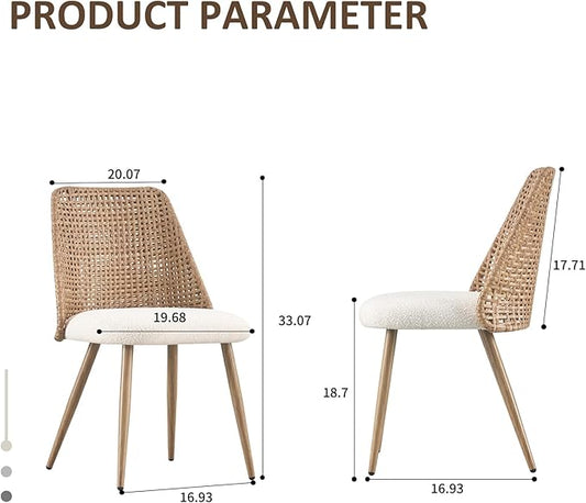 Rattan Dining Chairs, Upholstered Dining Chairs with Armless and PE Cane Backrest, Mid Century Modern Dining Room Chairs with Metal Legs for Kitchen Island,Set of 4