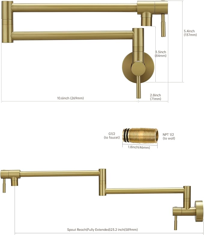 Fransiton Brushed Gold Pot Filler, Pot Filler Faucet Wall Mount, Brass Folding Stretchable with Double Joint Swing Arm Single Hole Two Handles Kitchen Restaurant