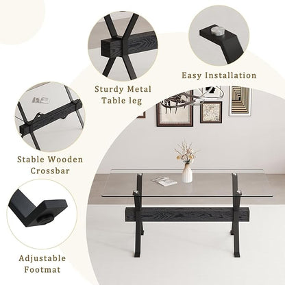 Glass Dining Table 71"｜Modern Dining Table for 6｜0.4" Thick Tempered Glass Top｜Matte Black Metal Legs｜Black Crossbar｜Easy Assembly｜Perfect for Dining Room or Kitchen