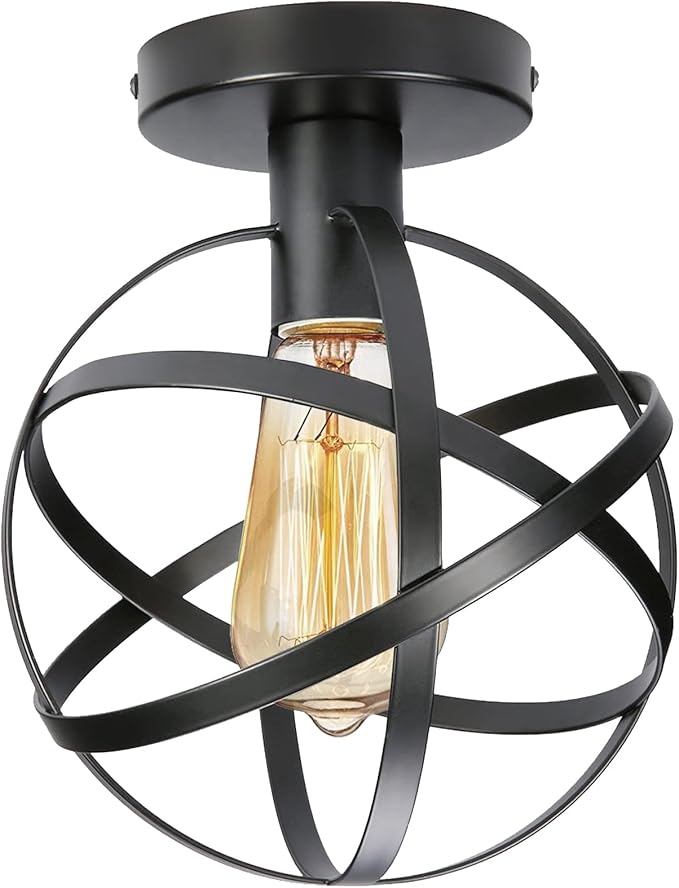 KOONTING Vintage Industrial Semi Flush Mount Ceiling Light, Metal Spherical Ceiling Lamp Light Fixture for Hallway Stairway Porch Bedroom Kitchen, 7.48inch, Black.